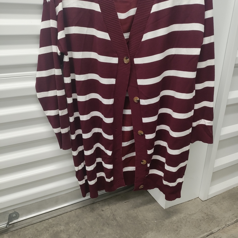 SHEIN Burgundy and White Striped Cardigan